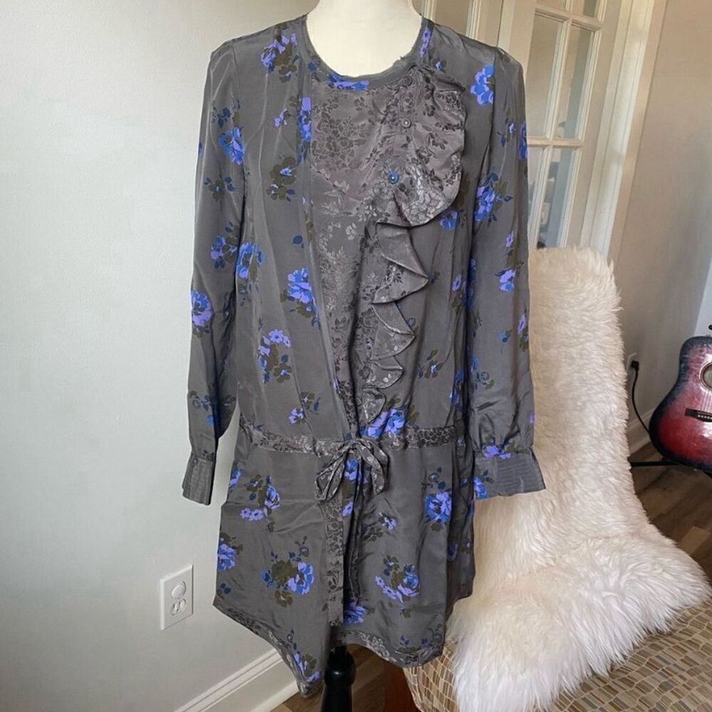 Rebecca Taylor Gray Floral Silk Drop Waist Dress size 4 Long Sleeve Ruffles